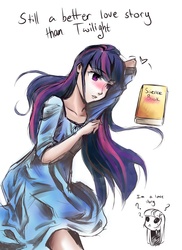 Size: 2344x3222 | Tagged: safe, artist:my-magic-dream, twilight sparkle, human, g4, better love story than twilight, book, chibi, dialogue, female, humanized, light skin, observer, solo