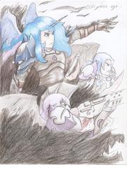 Size: 1700x2338 | Tagged: safe, artist:sundown, human, armor, horn, horned humanization, humanized, light skin, shadowbolts, traditional art, weapon, winged humanization