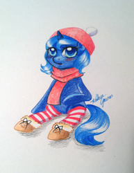 Size: 1024x1325 | Tagged: safe, artist:katurkeyg, princess luna, g4, boots, clothes, female, filly, hat, scarf, socks, solo, striped socks, traditional art, woona