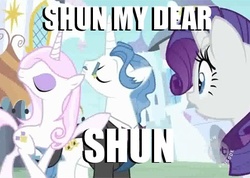 Size: 425x303 | Tagged: safe, edit, edited screencap, screencap, fancypants, fleur-de-lis, rarity, pony, unicorn, g4, canterlot, caption, charlie the unicorn, concave belly, female, image macro, male, mare, meme, shunning, slender, stallion, text, the prestige, thin