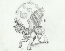 Size: 1280x1009 | Tagged: dead source, safe, artist:derp-my-life, oc, oc only, alicorn, pony, titan, alicorn oc, atlas, crying, globe, goddess, monochrome, ponified, scrunchy face, solo, surreal, traditional art