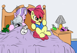 Size: 856x596 | Tagged: source needed, safe, artist:tiki2, artist:xioade, apple bloom, diamond tiara, silver spoon, earth pony, pony, g4, anonymous, bed, book, cast, cute, diamondbetes, doll, eyes closed, female, happy, hoof hold, hug, laughing, lesbian, open mouth, plushie, reading, ship:silvertiara, shipping, sitting, smiling, toy