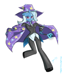 Size: 2500x3000 | Tagged: safe, artist:xonitum, trixie, unicorn, anthro, g4, breasts, cape, clothes, female, fingerless gloves, gloves, hand, hat, horn, magic wand, pants, pony ears, raised eyebrow, shirt, smiling, solo, trixie's cape, trixie's hat, wand