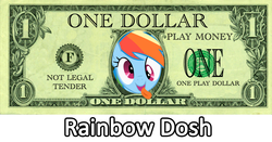Size: 1358x713 | Tagged: safe, edit, rainbow dash, g4, derp, image macro, money, pun, rainbow dosh, tongue out