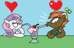 Size: 1008x663 | Tagged: safe, artist:jazo123, button mash, sweetie belle, earth pony, pony, unicorn, g4, blushing, colt, female, filly, male, milkshake, sharing a drink, ship:sweetiemash, shipping, straight, straw, video game, wide eyes