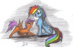 Size: 3204x2068 | Tagged: safe, artist:goina, rainbow dash, scootaloo, g4, happy, smiling