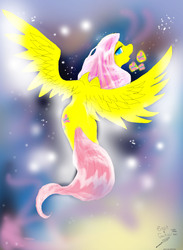 Size: 2200x3000 | Tagged: safe, artist:goina, fluttershy, butterfly, pegasus, pony, g4, female, flying, mare, solo, wings