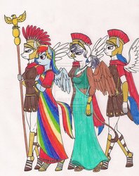 Size: 794x1005 | Tagged: dead source, safe, artist:13foxywolf666, gilda, rainbow dash, griffon, anthro, digitigrade anthro, unguligrade anthro, g4, deviantart watermark, guards, laurel wreath, obtrusive watermark, roman, watermark