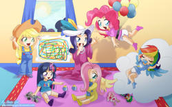 Size: 2362x1476 | Tagged: safe, artist:shinta-girl, applejack, fluttershy, pinkie pie, rainbow dash, rarity, smarty pants, twilight sparkle, human, g4, baby, babyshy, balloon, diaper, horn, horned humanization, humanized, light skin, mane six, mars (milky way and the galaxy girls), milky way (milky way and the galaxy girls), milky way and the galaxy girls, pacifier, venus (milky way and the galaxy girls), winged humanization, younger