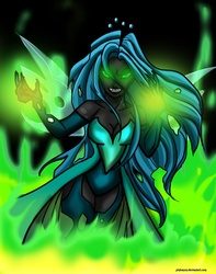 Size: 2510x3182 | Tagged: dead source, safe, artist:pinkanon, queen chrysalis, human, g4, fangs, female, fire, glowing, glowing eyes, humanized, pony coloring, solo