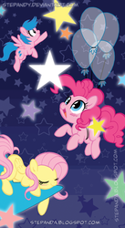 Size: 600x1097 | Tagged: safe, artist:stepandy, firefly, fluttershy, pinkie pie, g1, g4, balloon, blushing, flying, g1 to g4, generation leap, sleeping, smiling, stars, then watch her balloons lift her up to the sky