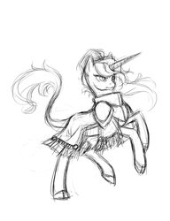 Size: 1600x2087 | Tagged: safe, artist:valkyrie-girl, oc, oc only, classical unicorn, pony, unicorn, cloven hooves, countess courage, female, horn, leonine tail, mare, monochrome, ponytail, solo