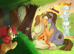 Size: 3507x2550 | Tagged: safe, artist:ende26, apple bloom, applejack, oc, butterfly, earth pony, pony, g4, blushing, bush, canon x oc, crepuscular rays, eyes closed, female, filly, foal, helmet, hug, kiss on the lips, kissing, magic, observer, open mouth, park, sitting, smiling, sparkles, squee, statue, telekinesis, watching, wide eyes, wingding eyes