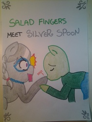 Size: 1536x2048 | Tagged: safe, artist:lolly <3, silver spoon, g4, crossover, funny, kissing, salad fingers, text