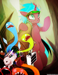 Size: 812x1059 | Tagged: safe, artist:foxinshadow, oc, oc only, pony, rabbit, bipedal, cake, cannon, solo, wat