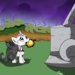 Size: 3000x3000 | Tagged: safe, artist:malwinters, sweetie belle, vampire, g4, cape, clothes, costume, crossover, fangs, female, frown, golden apple, looking up, minecraft, mouth hold, nightmare night, offering, scared, solo, statue