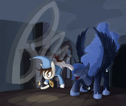 Size: 1325x1120 | Tagged: safe, artist:bakuel, pipsqueak, princess luna, g4, boo, candle, clock, clothes, eyes closed, fireplace, grandfather clock, hat, jumping, mirror, mouth hold, night, nightcap, open mouth, prank, smiling, spread wings, startled, this will end in tears, traditional royal canterlot voice