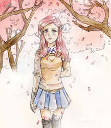 Size: 2420x2789 | Tagged: safe, artist:sashaalice, fluttershy, human, g4, clothes, female, humanized, light skin, miniskirt, school uniform, schoolgirl, skirt, socks, solo, thigh highs, thigh socks, tree