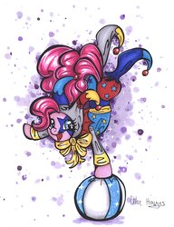 Size: 1692x2201 | Tagged: safe, artist:frostykat13, pinkie pie, g4, balancing, ball, clothes, costume, female, jester, jester pie, solo, traditional art
