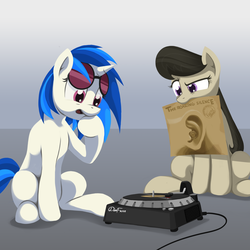 Size: 6000x6000 | Tagged: safe, artist:dimfann, dj pon-3, octavia melody, vinyl scratch, g4, absurd resolution, manfred mann's earth band, mouth hold, record, record player