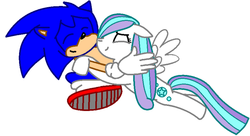 Size: 800x436 | Tagged: safe, artist:superstar-hero, oc, canon x oc, crossover, crystal, hug, interspecies, love, male, shipping, sonic the hedgehog, sonic the hedgehog (series)