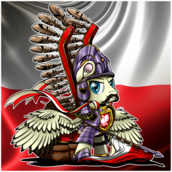 Size: 4317x4317 | Tagged: safe, artist:gray--day, oc, oc only, absurd resolution, armor, flag, helmet, hussar, poland, polish, solo, spear, winged hussar