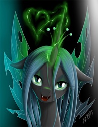 Size: 855x1100 | Tagged: safe, artist:zigword, queen chrysalis, changeling, changeling queen, g4, bedroom eyes, crown, eyelashes, fangs, female, floppy ears, heart, jewelry, looking at you, magic, open mouth, regalia, smiling, solo