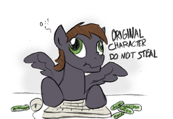 Size: 840x580 | Tagged: safe, artist:wingbeatpony, oc, oc only, oc:wingbeat, derpibooru, derp, do not steal, donut steel, keyboard, meta, scrunchy face, solo, tags