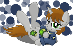 Size: 5992x3880 | Tagged: safe, artist:drawponies, oc, oc only, oc:littlepip, pony, unicorn, fallout equestria, abstract background, clothes, cutie mark, fanfic, fanfic art, female, hooves, horn, jumpsuit, lying down, mare, pipbuck, smiling, solo, vault suit