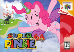 Size: 1000x695 | Tagged: safe, artist:nickyv917, pinkie pie, changeling, windigo, g4, crossover, female, flying, game cover, male, mare, mario, nintendo, nintendo 64, parody, super mario 64, super mario bros.