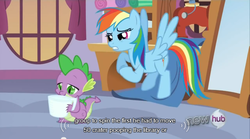 Size: 640x355 | Tagged: safe, screencap, rainbow dash, spike, g4, just for sidekicks, meme, youtube caption