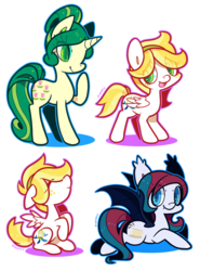 Size: 622x840 | Tagged: safe, artist:zhampy, oc, oc only, bat pony, pegasus, pony, unicorn, bun, fangs, female, freckles, mare