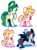 Size: 622x840 | Tagged: safe, artist:zhampy, oc, oc only, bat pony, pegasus, pony, unicorn, bun, fangs, female, freckles, mare