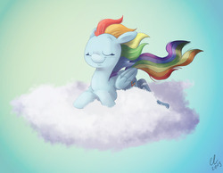 Size: 1941x1508 | Tagged: safe, artist:lalindaaa, rainbow dash, g4, cloud, female, solo, windswept mane