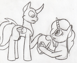 Size: 500x410 | Tagged: safe, artist:wandertones, oc, oc only, oc:partway mist, alicorn, changeling, pony, alicorn oc, butt, curved horn, disembodied butt, half, horn, modular, plot, sketch, traditional art