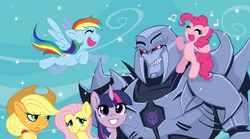 Size: 900x500 | Tagged: safe, artist:kandagawagufu, applejack, fluttershy, pinkie pie, rainbow dash, twilight sparkle, g4, brony megatron, hot nuts, megatron, transformers, transformers prime