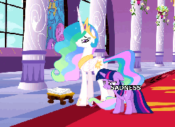 Size: 657x480 | Tagged: safe, edit, screencap, princess celestia, twilight sparkle, g4, the crystal empire, angry, animated, betrayal, butt touch, confused, emotional spectrum, emotions, facial expressions, female, frown, glare, internal monologue, pushing, relief, rump push, sad, spread wings, surprised, text, wing hands, wingpush