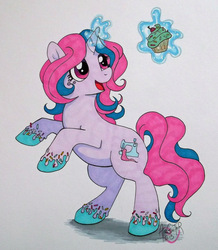 Size: 768x879 | Tagged: safe, artist:airguitar, oc, oc only, pony, unicorn, cupcake, frosting, happy, magic, solo, sprinkles