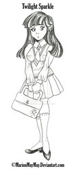 Size: 600x1384 | Tagged: dead source, safe, artist:marionmaymay, twilight sparkle, human, g4, bag, clothes, deviantart watermark, female, grayscale, humanized, monochrome, necktie, obtrusive watermark, school uniform, schoolgirl, simple background, solo, sweater vest, traditional art, watermark, white background