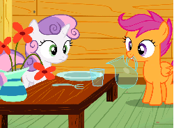 Size: 733x540 | Tagged: safe, screencap, scootaloo, sweetie belle, pegasus, pony, unicorn, g4, one bad apple, animated, cute, diasweetes, eating, female, filly, flower, foal, fork, gif, glass, loop, mouth hold, pitcher, plate, puffy cheeks, vase