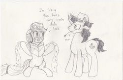 Size: 2564x1664 | Tagged: safe, artist:frikdikulous, applejack, king sombra, g4, bevor, chestplate, clothes swap, colored horn, cowboy hat, crown, curved horn, dialogue, female, hat, horn, jewelry, male, monochrome, regalia, ship:sombrajack, shipping, sketch, sombra eyes, sombra horn, sombra's cutie mark, sombra's robe, stetson, straight, straw in mouth, text