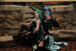 Size: 1280x853 | Tagged: safe, artist:kyuu-vixen-cosplay, artist:lochlan o'neil, artist:white-crow-crafts, nightmare moon, queen chrysalis, human, g4, antagonist, cosplay, irl, irl human, photo, rotlcon