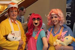 Size: 1152x768 | Tagged: artist needed, safe, carrot cake, cup cake, pinkie pie, human, g4, cosplay, groucho mask, irl, irl human, ndk, ndk 2012, overalls, photo, plushie