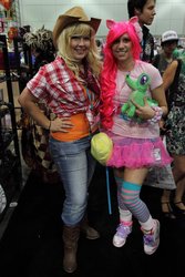 Size: 768x1152 | Tagged: artist needed, safe, applejack, gummy, pinkie pie, human, g4, anime expo, anime expo 2012, bandana, clothes, convention, cosplay, irl, irl human, jeans, photo, plushie, skirt, tutu