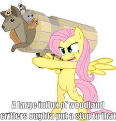 Size: 2190x2282 | Tagged: safe, artist:maximillianveers, fluttershy, pony, g4, animal, bipedal, cannon, cannon ponies, caption, dr bees, harry partridge, image macro