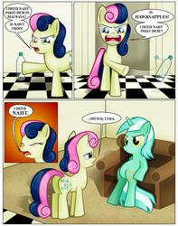 Size: 1500x1907 | Tagged: dead source, safe, artist:dcencia, bon bon, lyra heartstrings, sweetie drops, pony, g4, bon bon is not amused, duo, i didn't put those in my bag, lyra is not amused, parody, sitting, sitting lyra, the room, tommy wiseau