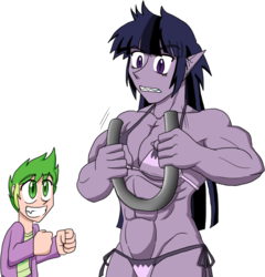 Size: 938x976 | Tagged: safe, artist:advanceddefense, spike, twilight sparkle, human, twilight unbound, g4, bikini, breasts, clothes, commission, duo, elf ears, female, humanized, light skin, male, muscles, muscular female, pony coloring, simple background, swimsuit, transparent background, twilight muscle, underboob, werelight shine