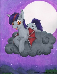 Size: 800x1038 | Tagged: safe, artist:helicityponi, oc, oc only, oc:moonglow, bat pony, pony, cloud, solo, traditional art