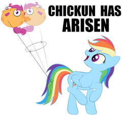 Size: 680x621 | Tagged: safe, rainbow dash, scootaloo, g4, balloon, chickun, exploitable meme, flying, meme