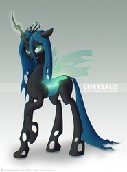 Size: 1300x1757 | Tagged: safe, artist:indivicolours, queen chrysalis, changeling, changeling queen, g4, fangs, female, glowing eyes, magic, pose, quote, solo